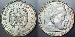 ALMANYA GÜMÜŞ 5 MARK 1936 A BERLİN DARBI. NAZİ - HİTLER DÖNEMİ. III. REICH HİNDENBURG PORTRELİ. ORİJİNAL. 13,88 gr 900 AYAR. ÇİLALTI