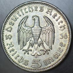 ALMANYA GÜMÜŞ 5 MARK 1936 A BERLİN DARBI. NAZİ - HİTLER DÖNEMİ. III. REICH HİNDENBURG PORTRELİ. ORİJİNAL. 13,88 gr 900 AYAR. ÇİLALTI