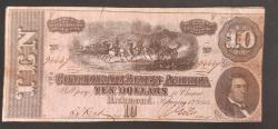 1864 Richmond Virginia  Konfederasyon 10 Dolarlık Banknot çok temiz