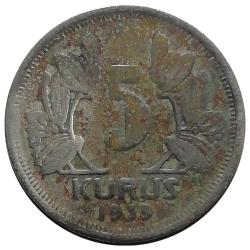 1939 Yılı 5 Kuruş TEMİZ