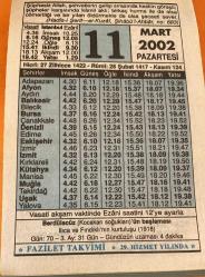 11 MART 2002 PAZARTESİ- TAKVİM YAPRAĞI - DOĞUM GÜNÜ HEDİYESİ - FAZİLET TAKVİMİ -BERDÜLACUZ (KOCAKARI SOKAKLARI)'ÜN BAŞLAMASI ILICA VE FINDIKLI'NIN KURTULUŞU (1918)-ALLAH'IN SEVDİĞİ VE SEVMEDİĞİ İKİ AHLAK