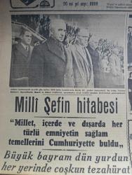 Cumhuriyet Gazetesi - 30 Birinciteşrin (Ekim) 1943 - gençliğin vazifesi yazan Nadir Nadi Başmakale - Milli Şef İsmet İnönü'nün hitabesi fotoğraf - millet içeride ve dışarıda her türlü emniyetin sağlam temellerini cumhuriyette buldu - dün İstanbul'da yapılan büyük geçit resminden fotoğraflar - yabancı memleketlerde cumhuriyetimizin yıldönümü tezahürlere vesile oluyor - Moskova Konferansı tam anlaşma ile bitti - Amerika Cumhur Reisi Roosevelt radyoda Bir Nutuk söylerken fotoğraf - İtalya'da savaşlar Almanlar müttefiklerin bir yarma teşebbüsünü durdurdu - Cemal Nadir Karikatür - İstanbul halkı dün büyük Bayramı kutlamak için sokaklara dökülmüştü fotoğraf - Müzeyyen Senar Işıl İstanbul gazinosunda - Fedailer Filosu Lale sinemasında - cumhuriyetin yirminci yılında üniversitemiz yazan profesör Ziyaeddin Fahri Fındıkoğlu - Aşkın Doğuşu yazan Peride Celal Yazı Dizisi - Kutlu Bayram yazan Burhan Felek - Safiye Ayla Muzaffer Güler Saime Güler Faide Yıldız Eski Novotni Safiye Salonunda - Radyo