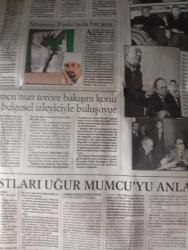 Cumhuriyet  GAZETESİ-24 ocak 2003-Uğur Mumcu-Güldal Mumcu-Ayşe Mumcu-Ayhan Yılmaz-Feyziye Özberk-Kemal Yavuz-Orhan Tokatlı-Korkut Özal-Muzaffer İlhan Erdost-Yekta Güngör Özden-Korkmaz Alemdar-Doğan Taşdelen-Turan Selçuk-İlhan Selçuk-Fikret Otyam-Güngör Mengi-İsmail Cem-Tunç Başaran-Güngör Uras-Osman Bolulu-Kamuran Özkan-Hıfzı Topuz-Süleyman Genç-Tunç Tayan-Birsen Ferahlı-Nebi Yaşar-Ali Sirmen-Altan Öymen-Gülçin Güreş-Aydın Engin-Hikmet Bila-Cem Dizdar-Nuray Mert-Can Dündar-Rahmi Yıldırım-Hikmet Çetinkaya-Sibel Yalçın-Şahin Alpay-Orhan Birgit-Emin Karaca-Ataol Behramoğlu-Celal Başlangıç-Sami Kohen-Şükran Soner-Turan Karataş-Niyazi Dalyancı-Soli Özel  Faili Meçhuller Heykeli-Mumcu Partide bir anıt-Mumcu’nun teröre bakışını konu alan belgesel izleyiciyle buluşuyor-Cinayetin ardındaki bağlantılar aydınlatılmalı-Dünyada insan olarak yaşamak istiyoruz-İz Sürerken-Dostları Uğur Mumcu’yu anlatıyor-Kapanmayan Dosya: Umut-Türkiye’yi sarsan cinayetler-Tüm kirli işler örtbas edildi-(um:ag): Amacım