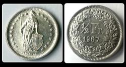 1967 - 1/2 FRANK (İsviçre Konfederasyonu) 835 Ayar, 2,5 Gr. Gümüş/ KM# 23 / YBMİ1/2