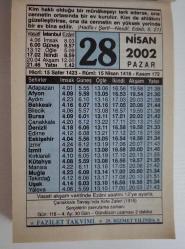 28 NİSAN 2002 PAZAR- TAKVİM YAPRAĞI - DOĞUM GÜNÜ HEDİYESİ - FAZİLET TAKVİMİ -ÇANAKKALE SAVAŞI'NDA KİRTE ZAFERİ (1915)-SEVAPLARI YOK EDEN ALTI ŞEY...