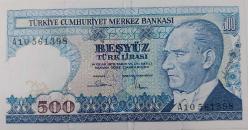 7.EMİSYON 1.TERTİP BEŞYÜZ (500) TÜRK LİRASI KAĞIT PARA A10561398 SERİ NUMARALI ÇOK ÇOK TEMİZ NADİR