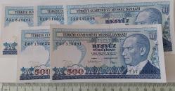 7.EMİSYON 1.TERTİP VE 2.TERTİP BEŞYÜZ TÜRK LİRALARI HARF SIRALI KAĞIT PARALAR A32549474-B13213813-C34441646-D67110052-E37325091 ÇİL-ÇİLALTI NADİR