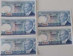 7.EMİSYON 1.TERTİP VE 2.TERTİP BEŞYÜZ TÜRK LİRALARI HARF SIRALI KAĞIT PARALAR A32549474-B13213813-C34441646-D67110052-E37325091 ÇİL-ÇİLALTI NADİR