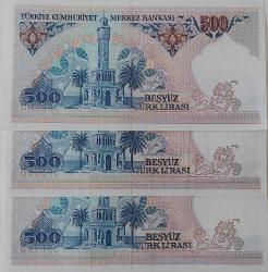 7.EMİSYON 2.TERTİP BEŞYÜZ (500) TÜRK LİRALARI RAKAM SIRALI KAĞIT PARALAR E37325109-E37325110-E37325111 SERİ NUMARALI ÇİL NADİR