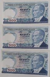 7.EMİSYON 2.TERTİP BEŞYÜZ (500) TÜRK LİRALARI RAKAM SIRALI KAĞIT PARALAR E37325109-E37325110-E37325111 SERİ NUMARALI ÇİL NADİR