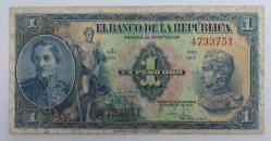 Kolombiya, 1 Peso 1954. Arka Yüzde; Orta Portre Üstünde Imza Mevcut. (ÇT)