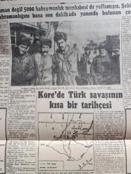 Cumhuriyet Kore Gazetesi - 17 Aralık 1950 - Kore'de Türk Savaşı'nın kısa bir tarihçesi - harbi idare etmiş olan subaylar anlatıyorlar - harp muhabirimiz Faruk Fenik yazıyor - savaş birliğimizden bir grup ikinci defa cenge gitmek üzere hazır bir vaziyette Bir istirahat anında fotoğraf - Dört gün savaşlardan sonra ikmallerini yapan birliğimiz yeniden cepheye gitmek üzere hazırlanmış bir halde çatılmış silahlarının başında fotoğraf - birliğimizin kahramanlık menkıbeleri - Çinlilere 15 dakika esir düşen teğmen Erdoğan Mete İle Rifat Sümer harp muhabirimiz Faruk Fenik'le bir arada fotoğraf - Faruk Şükrü Yersel İthaf şiiri - Türkiye'den koredekilere mektup - Koreden Türkiyedekilere mektup - Türk Tugayının Dört Gün Dört Gece süren harekatını gösterir kroki - Kahraman askerlerimiz Kore'de Cumhuriyet postasını okurken fotoğraf - Süleymaniye şiiri yazan Edib Ayel - Kore savaş Birliği komutanı tuğgeneral Tahsin Yazıcı fotoğraf - 50 Millik mesafeyi yaralılarını taşıyarak yürüyen mehmetçikler