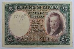 İspanya, 25 Pesetas 1931. Ön Yüzde Rakamlar Yazılmış. Hafif Kat İzli. (ÇT)
