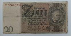 Almanya, 20 Reichsmark 1929. Kat İzli ve İğne Delikli. Haliyle.