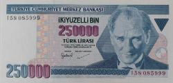 7.EMİSYON 3.TERTİP 250.000 TÜRK LİRASI ORİJİNAL KAĞIT PARA I58085999 GÜZEL NUMARALI ÇİL NADİR
