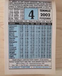 4 TEMMUZ 2002 PERŞEMBE - TAKVİM YAPRAĞI - DOĞUM GÜNÜ HEDİYESİ - FAZİLET TAKVİMİ - BARBAROS HAYREDDİN PAŞA'NIN VEFATI (1546)-SULTAN VAHDEDDİN'İN TAHTA ÇIKIŞI (1918)-ABD'NİN KURULUŞU (1776)-KARAMÜRSEL'İN KURTULUŞU (1922)-M U H A L E F E T Ü N  L İ ' L-H A V A D İ S