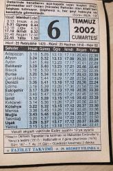 6 TEMMUZ 2002 CUMARTESİ - TAKVİM YAPRAĞI - DOĞUM GÜNÜ HEDİYESİ - FAZİLET TAKVİMİ - HİCAZ'IN OSMANLI TOPRAKLARI'NA KATILMASI VE MUKADDES EMANETLER'İN YAVUZ'A TESLİMİ (1517)-HAFTA TATİLİNİN 2 GÜNE ÇIKARILMASI (1974)-ALLAH TEALA'NIN SÜBUTİ SIFATLARI