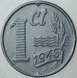 HOLLANDA 1 CENT 1943 İKİNCİ DÜNYA SAVAŞI NAZİ İŞGALİ METAL KITLIĞI DÖNEMİ ÇİNKO.