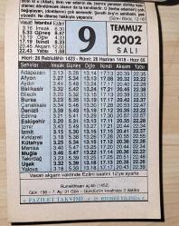 9 TEMMUZ 2002 SALI - TAKVİM YAPRAĞI - DOĞUM GÜNÜ HEDİYESİ - FAZİLET TAKVİMİ - RUMELİHİSARI AÇILDI (1452)-ALLAH TEALA'NIN SÜBUTİ SIFATLARI'NDAN ''İ R A D E''