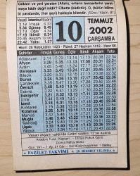 10 TEMMUZ 2002 ÇARŞAMBA - TAKVİM YAPRAĞI - DOĞUM GÜNÜ HEDİYESİ - FAZİLET TAKVİMİ - ALLAH TEALA'NIN SÜBUTİ SIFATLARI'NDAN ''K U D R E T''