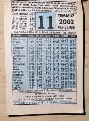 11 TEMMUZ 2002 PERŞEMBE - TAKVİM YAPRAĞI - DOĞUM GÜNÜ HEDİYESİ - FAZİLET TAKVİMİ - MISIR'IN İNGİLTERE TARAFINDAN İŞGALİ (1882)-ALLAH TEALA'NIN SÜBUTİ SIFATLARI'NDAN ''K E L A M  VE  T E K V İ N''