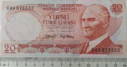 6.EMİSYON 3.TERTİP 20 YİRMİ TÜRK LİRASI G49575532 SERİ NOLU KAĞIT PARA ÇİL NADİR