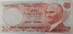 6.EMİSYON 3.TERTİP 20 YİRMİ TÜRK LİRASI G49575532 SERİ NOLU KAĞIT PARA ÇİL NADİR