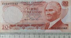 6.EMİSYON 2.TERTİP 20 YİRMİ TÜRK LİRASI E22270942 SERİ NOLU KAĞIT PARA ÇİLALTI NADİR