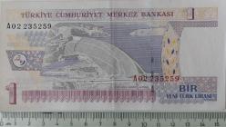8.EMİSYON 1.TERTİP 1 YENİ TÜRK LİRASI A02235259 SERİ NOLU KAĞIT PARA ÇİLALTI NADİR