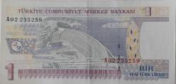 8.EMİSYON 1.TERTİP 1 YENİ TÜRK LİRASI A02235259 SERİ NOLU KAĞIT PARA ÇİLALTI NADİR