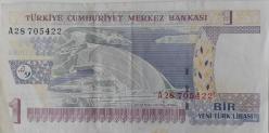 8.EMİSYON 1.TERTİP 1 YENİ TÜRK LİRASI A28705422 SERİ NOLU KAĞIT PARA ÇOK ÇOK TEMİZ NADİR