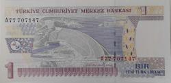 8.EMİSYON 1.TERTİP 1 YENİ TÜRK LİRASI A77707147 SERİ NOLU KAĞIT PARA ÇİL GÜZEL NUMARALI NADİR