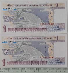 8.EMİSYON 1.TERTİP 1 YENİ TÜRK LİRALARI RAKAM SIRALI  A13860045-A13860046 SERİ NOLU KAĞIT PARALAR ÇİL GÜZEL NUMARALI NADİR