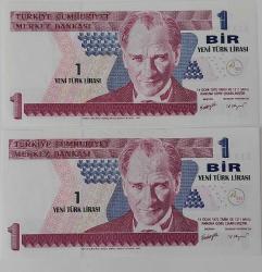 8.EMİSYON 1.TERTİP 1 YENİ TÜRK LİRALARI RAKAM SIRALI  A13860045-A13860046 SERİ NOLU KAĞIT PARALAR ÇİL GÜZEL NUMARALI NADİR
