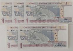 8.EMİSYON 1.TERTİP 1 YENİ TÜRK LİRALARI RAKAM SIRALI  A47801711-A47801712-A47801713-A47801714-A47801715 SERİ NOLU KAĞIT PARALAR ÇİL GÜZEL NUMARALI NADİR
