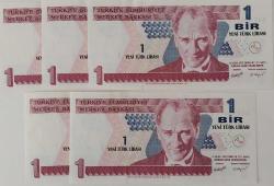 8.EMİSYON 1.TERTİP 1 YENİ TÜRK LİRALARI RAKAM SIRALI  A47801711-A47801712-A47801713-A47801714-A47801715 SERİ NOLU KAĞIT PARALAR ÇİL GÜZEL NUMARALI NADİR