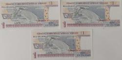 8.EMİSYON 1.TERTİP 1 YENİ TÜRK LİRALARI RAKAM SIRALI  A14491806-A14491807-A14491808 SERİ NOLU KAĞIT PARALAR ÇİL GÜZEL NUMARALI NADİR