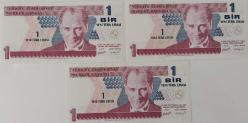 8.EMİSYON 1.TERTİP 1 YENİ TÜRK LİRALARI RAKAM SIRALI  A14491806-A14491807-A14491808 SERİ NOLU KAĞIT PARALAR ÇİL GÜZEL NUMARALI NADİR