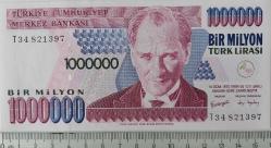 7.EMİSYON 3.TERTİP 1.000.000 TÜRK LİRASI ORİJİNAL KAĞIT PARA T34821397 GÜZEL NUMARALI ÇİL NADİR