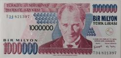 7.EMİSYON 3.TERTİP 1.000.000 TÜRK LİRASI ORİJİNAL KAĞIT PARA T34821397 GÜZEL NUMARALI ÇİL NADİR