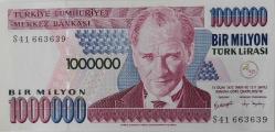 7.EMİSYON 3.TERTİP 1.000.000 TÜRK LİRASI ORİJİNAL KAĞIT PARA S41663639 GÜZEL NUMARALI ÇİL NADİR