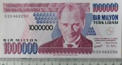 7.EMİSYON 3.TERTİP 1.000.000 TÜRK LİRASI ORİJİNAL KAĞIT PARA U20063250 GÜZEL NUMARALI ÇİL NADİR