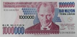7.EMİSYON 3.TERTİP 1.000.000 TÜRK LİRASI ORİJİNAL KAĞIT PARA U20063250 GÜZEL NUMARALI ÇİL NADİR