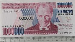 7.EMİSYON 3.TERTİP 1.000.000 TÜRK LİRASI ORİJİNAL KAĞIT PARA T36301287 ÇİL NADİR