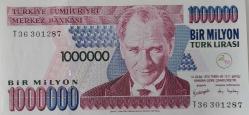 7.EMİSYON 3.TERTİP 1.000.000 TÜRK LİRASI ORİJİNAL KAĞIT PARA T36301287 ÇİL NADİR