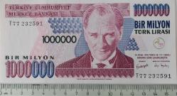 7.EMİSYON 3.TERTİP 1.000.000 TÜRK LİRASI ORİJİNAL KAĞIT PARA T77232591 GÜZEL NUMARALI ÇİL NADİR