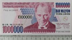 7.EMİSYON 3.TERTİP 1.000.000 TÜRK LİRASI ORİJİNAL KAĞIT PARA P66863660 GÜZEL NUMARALI ÇİL NADİR