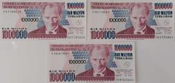 7.EMİSYON 3.TERTİP 1.000.000 TÜRK LİRALARI ORİJİNAL NADİR SIRALI KAĞIT PARALAR U02 289110-U03 774464-U04 422603 GÜZEL NUMARALI ÇİL NADİR