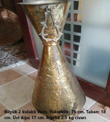 BAKIR ÜZERİ KABARTMA İŞÇİLİKLİ OLDUKÇA ETLİ VE AĞIR ANTİKA  2 KULPLU  BÜYÜK BOY  BAKIR VAZO