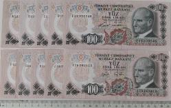 6.EMİSYON 100 YÜZ TÜRK LİRASI HARF SIRALI ORİJİNAL KAĞIT PARALAR ON ADET GÜZEL SERİ NUMARALI ÇİL-ÇİLALTI NADİR